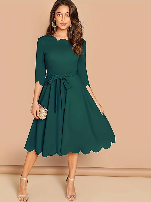 Elegant Scallop Trim A-Line Dress with Belt - 3/4 Sleeve, Crew Neck, Machine Washable - Perfect for All Seasons, Elegant Style, Four Seasons