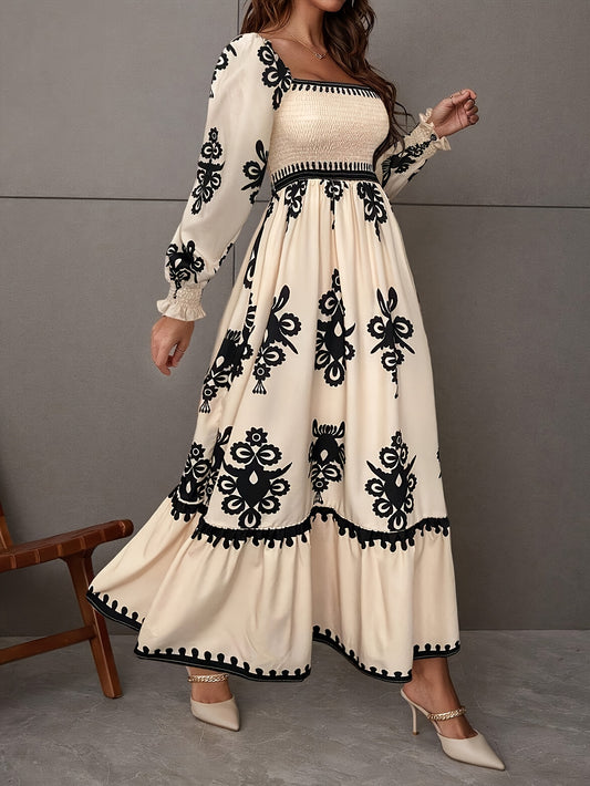 1pc Vintage-Inspired Geometric-Patterned Polyester Dress with Shirred Detail, Square Neck, Lantern Sleeves, and Empire Waist - Woven Fit and Flare Dress for All Seasons