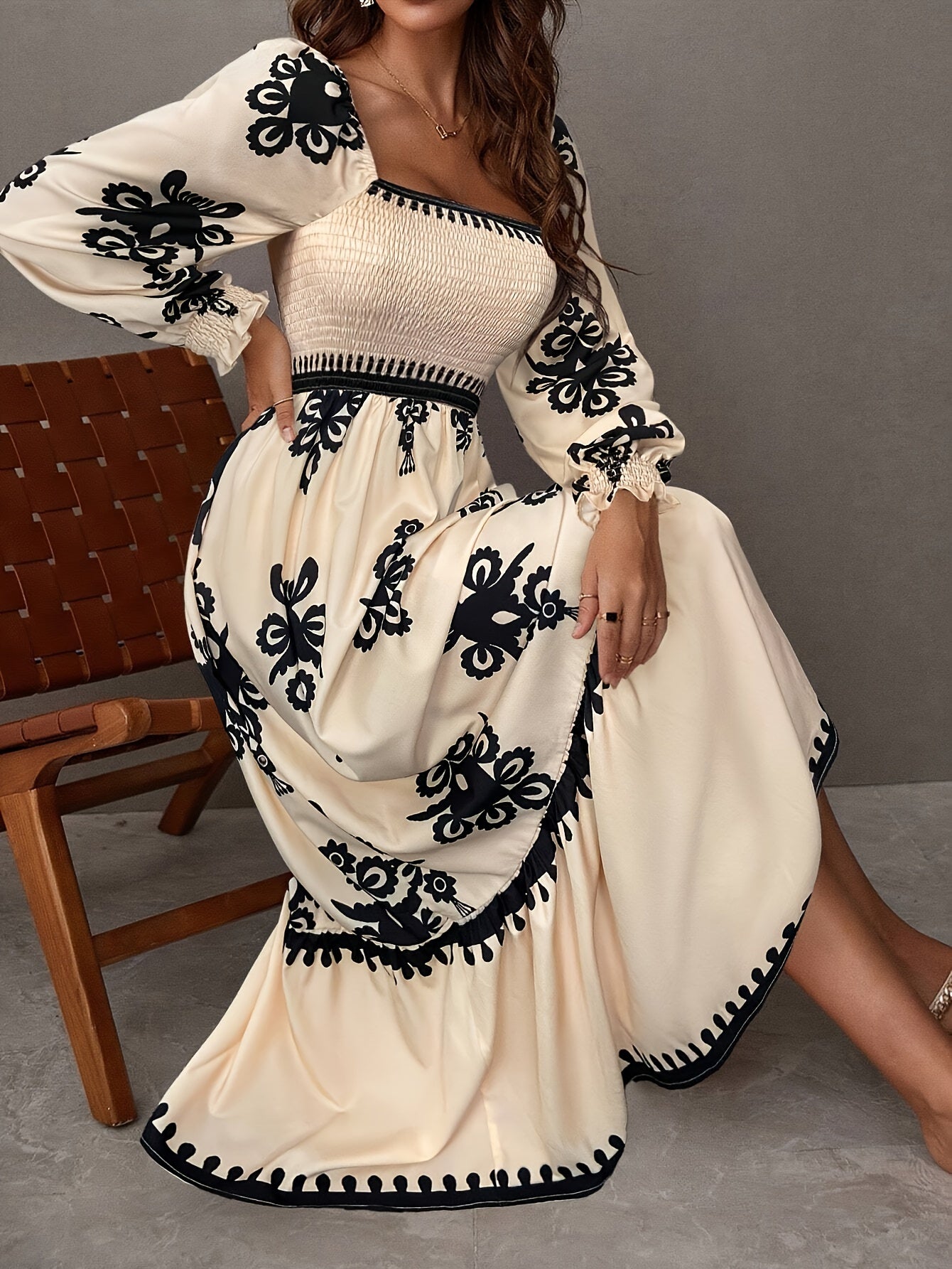 1pc Vintage-Inspired Geometric-Patterned Polyester Dress with Shirred Detail, Square Neck, Lantern Sleeves, and Empire Waist - Woven Fit and Flare Dress for All Seasons