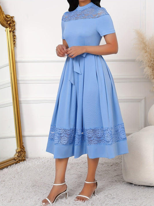 Elegant Midi Dress with Lace Detail and Tie Waist, Short Sleeve Crew Neck, Knit Polyester-Spandex Blend, Solid Color Fit and Flare Silhouette for All Seasons - HRYY078