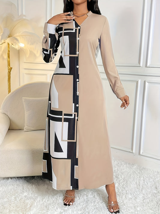 Colorblock Button Front Shirt Loose Maxi Dress, Elegant V Neck Long Sleeve Dress For Spring & Fall, Women's Clothing