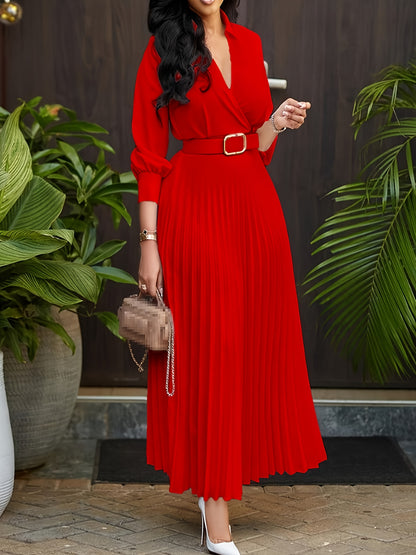 1pc Elegant Pleated Maxi Dress for Women - Polyester Lapel Collar, Solid Color, with Belt, Woven A-Line Silhouette, Perfect for Spring/Fall - Adult Dress