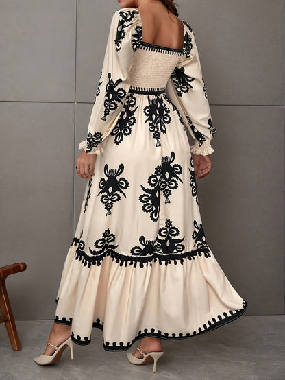 1pc Vintage-Inspired Geometric-Patterned Polyester Dress with Shirred Detail, Square Neck, Lantern Sleeves, and Empire Waist - Woven Fit and Flare Dress for All Seasons