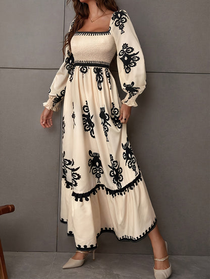 1pc Vintage-Inspired Geometric-Patterned Polyester Dress with Shirred Detail, Square Neck, Lantern Sleeves, and Empire Waist - Woven Fit and Flare Dress for All Seasons