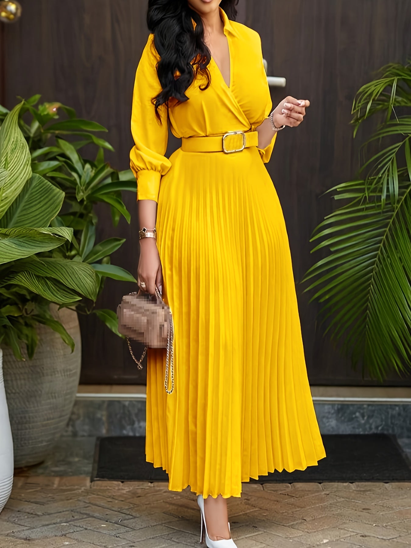 1pc Elegant Pleated Maxi Dress for Women - Polyester Lapel Collar, Solid Color, with Belt, Woven A-Line Silhouette, Perfect for Spring/Fall - Adult Dress