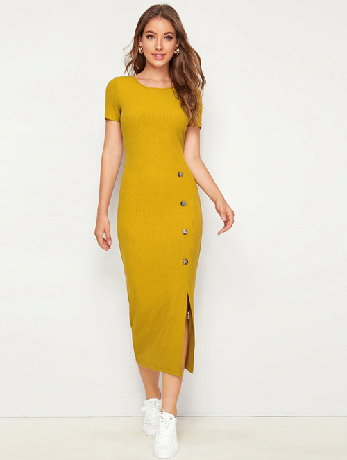 Women Mustard Solid Bodycon Dress