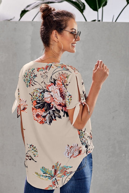 Apricot Floral Twist Short Sleeve Blouse Top