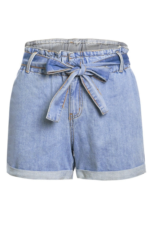 Women Light Blue Roll Hem Paper Bag Waist Denim Shorts