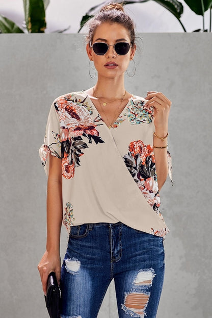 Apricot Floral Twist Short Sleeve Blouse Top