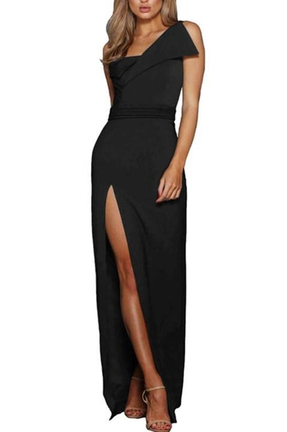 Black Asymmetric One Shoulder Floor Length Party Slit Dress